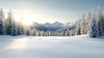 Winter landscape with snow covered trees and mountains photo