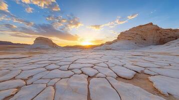 The sun sets over a desert landscape with white rocks photo