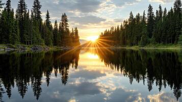 stunning sunset reflects off serene lake surrounded by tall evergreen trees, creating peaceful photo