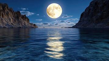 serene moonlit ocean scene with rocky cliffs reflecting in calm water photo