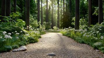 serene forest trail surrounded by lush greenery and blooming flowers, illuminated by soft photo