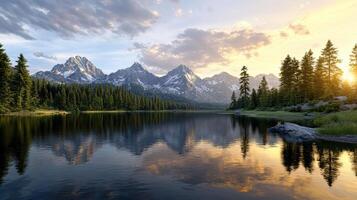 A mountain lake surrounded by trees and mountains photo