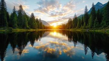serene lake reflecting vibrant sunset, surrounded by tall pine trees and mountains photo