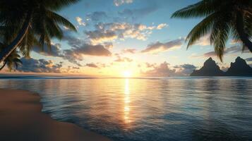 serene beach scene with palm trees silhouetted against vibrant sunset reflecting on calm waters photo