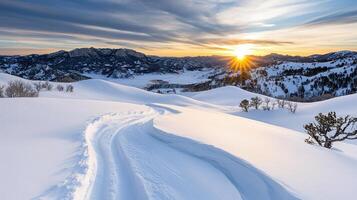 A snow covered mountain with a trail of skis photo