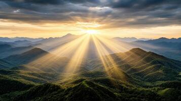 Sunlight shining over mountains in the morning photo