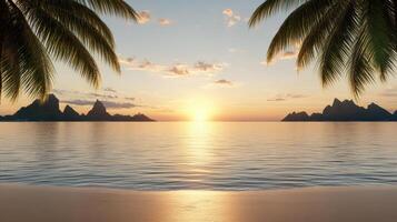 serene sunset over tranquil beach, framed by palm trees and distant mountains photo