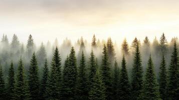 Lush evergreen trees rise majestically in misty forest at dawn, creating serene atmosphere photo