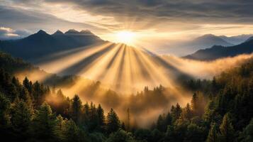 Golden rays of sunlight pierce through misty mountains, creating serene landscape photo