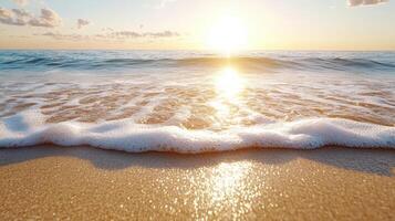 Golden hour waves gently lapping on tranquil beach, creating serene atmosphere photo