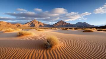Expansive desert dunes with gentle ripples and distant mountains clear sky evoke tranquility photo