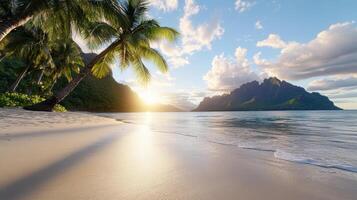 serene beach scene with palm trees, soft sand, and stunning sunset over mountains photo