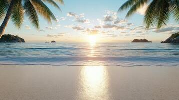 serene sunset over tranquil beach with palm trees framing scene, creating warm and relaxing photo