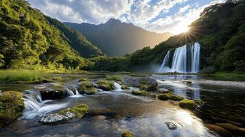 Majestic waterfall cascading through lush greenery golden hour light, creating serene atmosphere photo