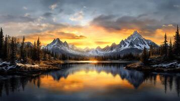 A painting of a mountain lake and trees photo