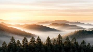 serene forest landscape with layered mountains and soft mist sunrise, creating tranquil photo