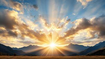 Breathtaking sunset illuminating mountain peaks with vibrant rays and dramatic clouds photo