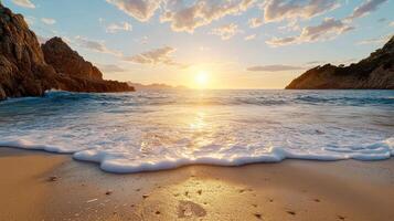 serene sunset over tranquil beach with gentle waves lapping at shore photo