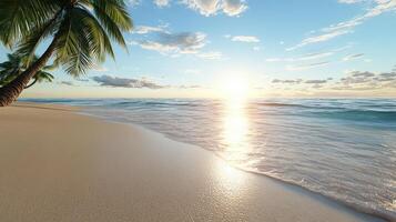 serene beach scene with gentle waves lapping shore, palm trees swaying breeze, and beautiful photo