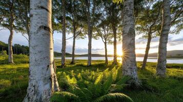 Golden sunlight highlights tree trunks and ferns in serene landscape photo
