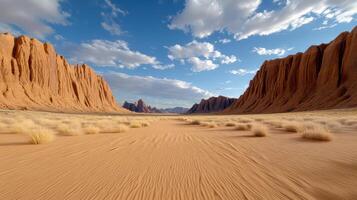 Majestic canyon landscape with golden sand and dramatic rock formations under blue sky photo
