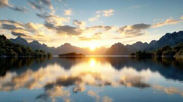 serene mountain lake reflects glowing sunset, surrounded by majestic peaks photo