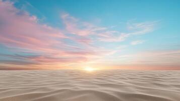 serene sunset over vast desert landscape, with soft sand dunes and colorful sky photo