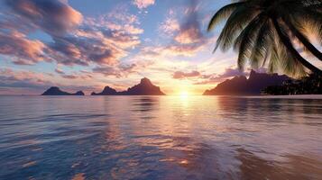 Tropical sunset on the beach with palm trees photo