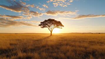 stunning sunset over vast grassland, featuring solitary tree silhouetted against golden sky photo