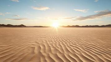 Golden desert landscape bright sky, showcasing rippled sand textures and distant mountains photo