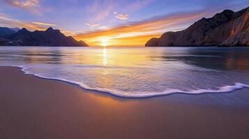 serene beach scene with golden sunset reflecting on calm waters, surrounded by cliffs photo