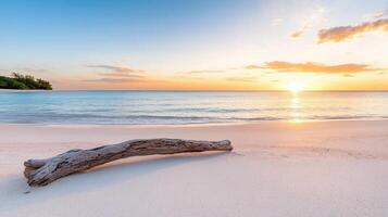 A beach with a driftwood log on the sand at sunset photo