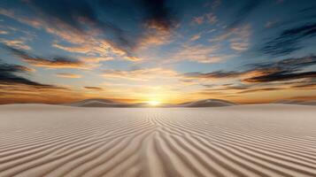 A desert landscape with sand dunes and a sunset photo
