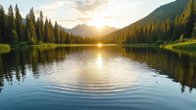 serene lake reflects sunset, surrounded by tall trees and mountains. soft ripples create photo