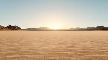 Vast desert landscape with gentle dunes and glowing sunset on horizon, evoking tranquility photo