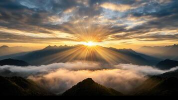 Breathtaking sunrise over mountains with rays of light breaking through clouds, creating serene photo