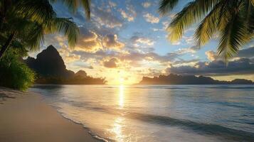 A tropical beach at sunset with palm trees photo