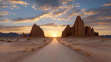 Majestic desert landscape with towering sandstone formations and winding path leading to sunset photo