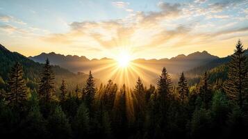 Breathtaking sunrise over forested mountain landscape, illuminating trees and peaks photo