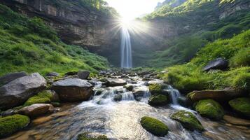 serene waterfall cascades down rocky cliff, illuminated by sunlight, surrounded by lush greenery photo
