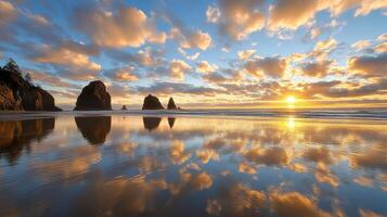 The sun sets over the ocean and some rocks photo
