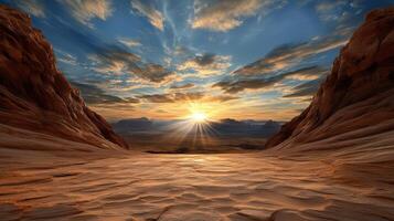 Sunset over desert landscape with rocks and sand photo