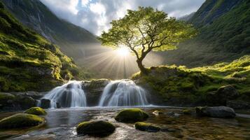 serene waterfall cascades over rocks, illuminated by sunlight filtering through tree photo