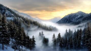 Majestic mountains rise above misty valley, surrounded by evergreen trees and serene sunset photo