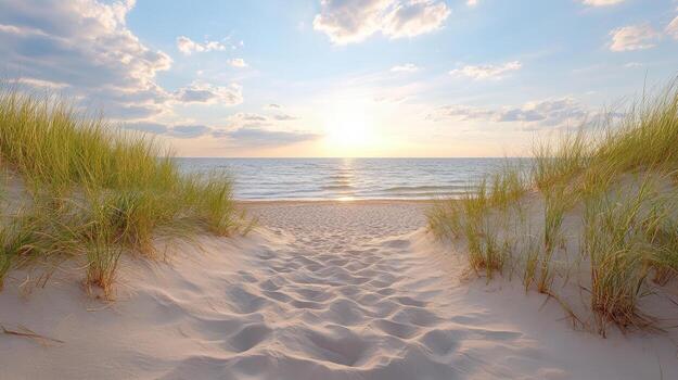 serene beach scene with soft sand, gentle waves, and lush grass framing view of horizon photo