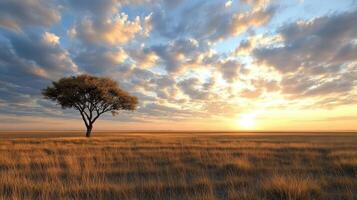 Golden savannah landscape at sunset with solitary tree and dramatic clouds photo