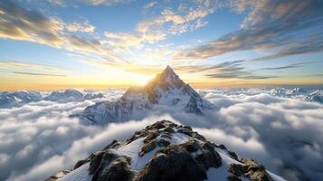Majestic mountain peak rises above soft clouds, illuminated by vibrant sunset photo