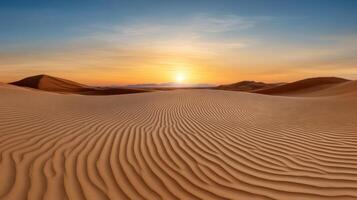 Golden sunset over desert dunes creates serene atmosphere with soft gradients photo