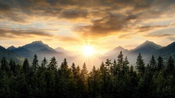 Majestic sunrise over forested mountain range, illuminating sky with warm hues photo
