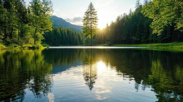 A lake surrounded by trees and mountains at sunset photo